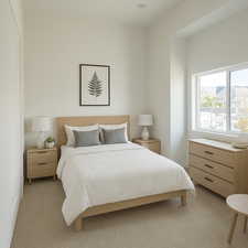 Bedroom featuring light carpet with virtual staging