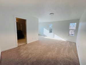 Empty room featuring carpet flooring, a textured ceiling, and baseboards