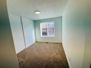 Carpeted spare room featuring visible vents and baseboards