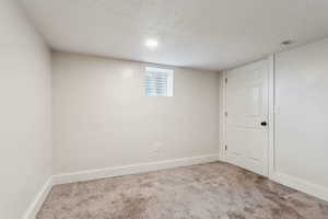 Below grade area with carpet floors, a textured ceiling, and baseboards