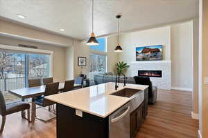 Kitchen with dishwasher, a glass covered fireplace, wood finished floors, pendant lighting, and a sink