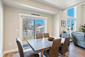 Dining room featuring light wood-style floors and baseboards