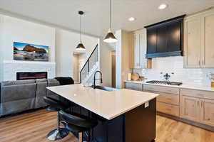 Kitchen with a fireplace, light wood finished floors, tasteful backsplash, light countertops, and a sink