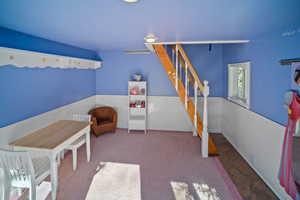 Playroom featuring a wainscoted wall and carpet flooring