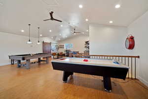 Playroom with lofted ceiling, recessed lighting, light wood-style floors, a ceiling fan, and billiards