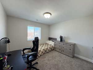 Bedroom with a textured ceiling, carpet flooring, visible vents, and baseboards