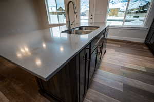 Kitchen with plenty of natural light, dark wood-style flooring, a sink, and a center island with sink