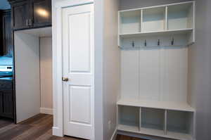 Mudroom with baseboards and dark wood-style flooring