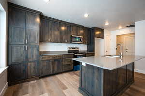 Kitchen with dark brown cabinetry, visible vents, stainless steel appliances, light wood-style floors, and a sink