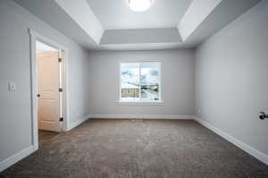 Carpeted spare room featuring a tray ceiling, visible vents, and baseboards