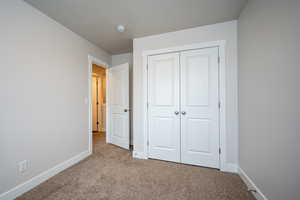 Unfurnished bedroom featuring carpet floors, a closet, and baseboards