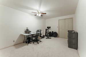 Office area featuring baseboards, a ceiling fan, and carpet flooring