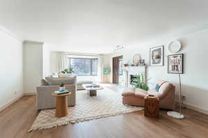 Living area with ornamental molding, a fireplace, wood finished floors, and baseboards