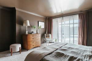 Bedroom with light carpet, visible vents, and crown molding