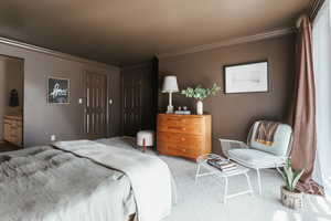 Carpeted bedroom featuring ornamental molding