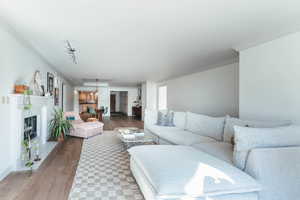 Living area with crown molding, a fireplace, and wood finished floors