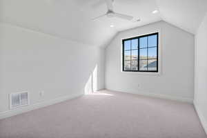 Additional living space with lofted ceiling, carpet floors, baseboards.