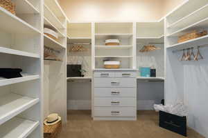 Walk in closet with light carpet