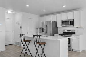 Kitchen with a breakfast bar, visible vents, light countertops, appliances with stainless steel finishes, and white cabinets