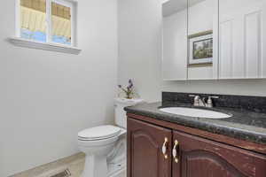 Half bathroom with visible vents, vanity, and toilet