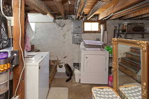 Laundry room featuring washing machine and dryer, laundry area, and electric panel