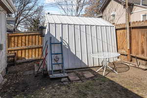 View of shed featuring a fenced backyard