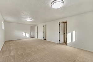 Unfurnished room with a textured ceiling, baseboards, and light colored carpet