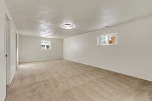 Unfurnished room with light carpet, a wealth of natural light, and baseboards