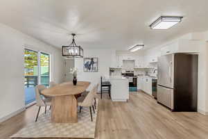 Dining room featuring light wood-type flooring, a notable chandelier, and baseboards