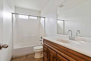 Full bath featuring toilet, shower / bathtub combination, visible vents, and vanity