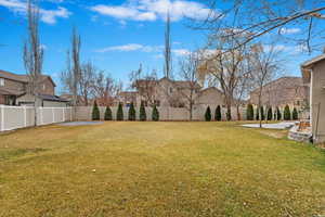 View of yard with a residential view, a patio area, and a fenced backyard