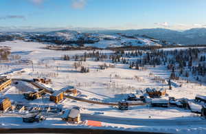 Snowy aerial view featuring a mountain view