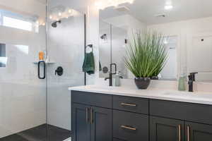 Primary bathroom featuring a large Euro shower and double sinks.