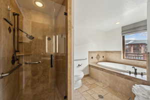 Full bathroom featuring toilet, a garden tub, stone tile flooring, and a stall shower