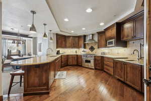 Kitchen with a peninsula, a sink, appliances with stainless steel finishes, wall chimney range hood, and dark wood-style floors