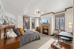 Bedroom with ornamental molding, a glass covered fireplace, carpet flooring, and baseboards