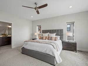 Bedroom with recessed lighting, visible vents, light carpet, ceiling fan, and baseboards