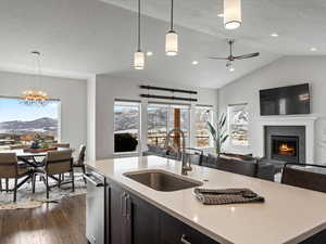 Kitchen with a glass covered fireplace, open floor plan, dark wood-type flooring, pendant lighting, and a sink