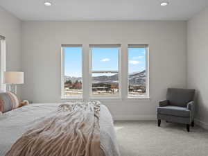 Bedroom with carpet, baseboards, and recessed lighting