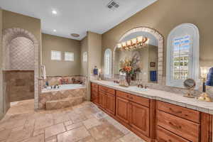 Full bath with stone tile floors, visible vents, decorative backsplash, vanity, and a bath