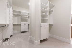 Walk in closet with light colored carpet