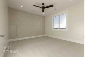 Unfurnished room with baseboards, recessed lighting, visible vents, and light colored carpet