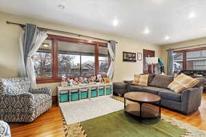 Living room with wood finished floors and recessed lighting