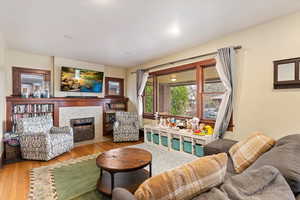 Living room featuring a tiled fireplace and wood finished floors