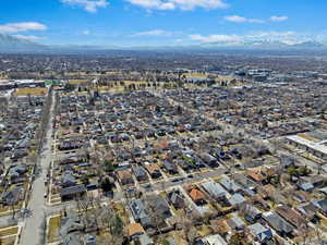 Drone / aerial view with a residential view and a mountain view