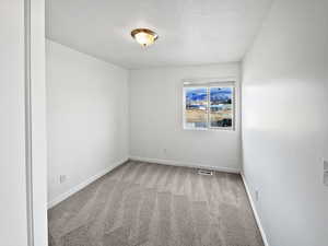 Carpeted spare room featuring a textured ceiling, visible vents, and baseboards