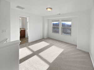 Empty room featuring light carpet, baseboards, and visible vents