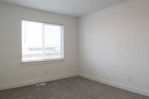 Empty room featuring baseboards, carpet flooring, visible vents, and plenty of natural light