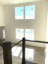 Spare room featuring baseboards, plenty of natural light, a high ceiling, and wood finished floors