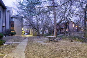 View of surrounding community, BBQ, picnic table and swing adjacent to the summertime stream